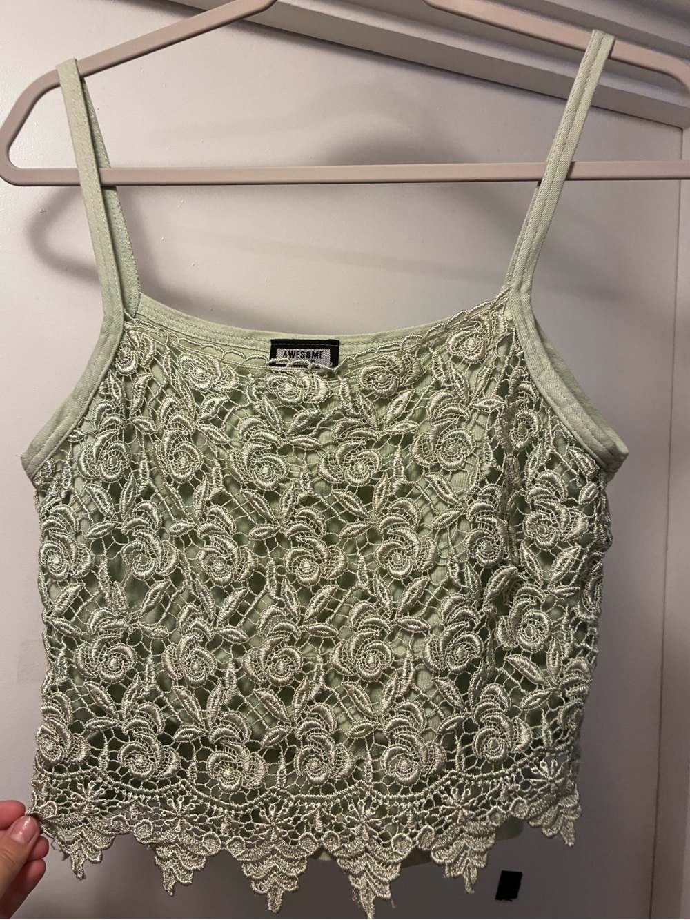 Y2K Pale Green Lace Floral Cropped Cami Spaghetti Strap Summer Top